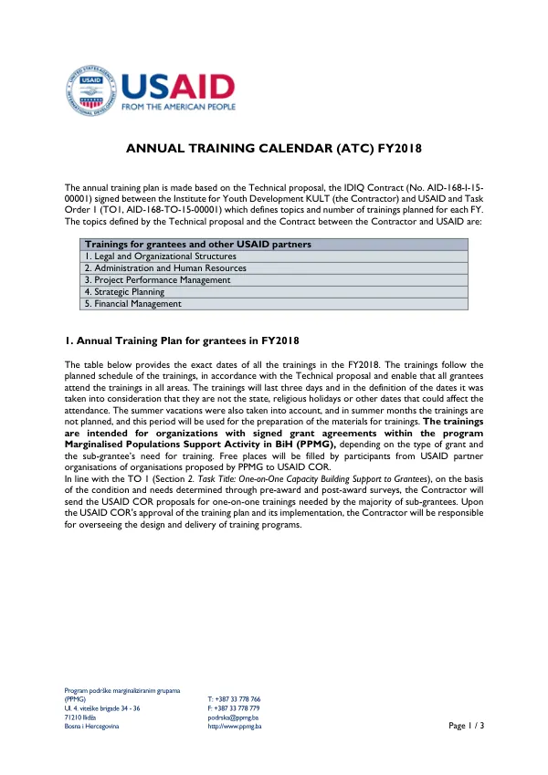 Annual Training Plan for grantees in FY2018
