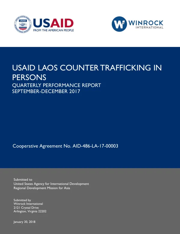 USAID Laos Counter Trafficking in Persons Quarterly Performance Report September-December 2017