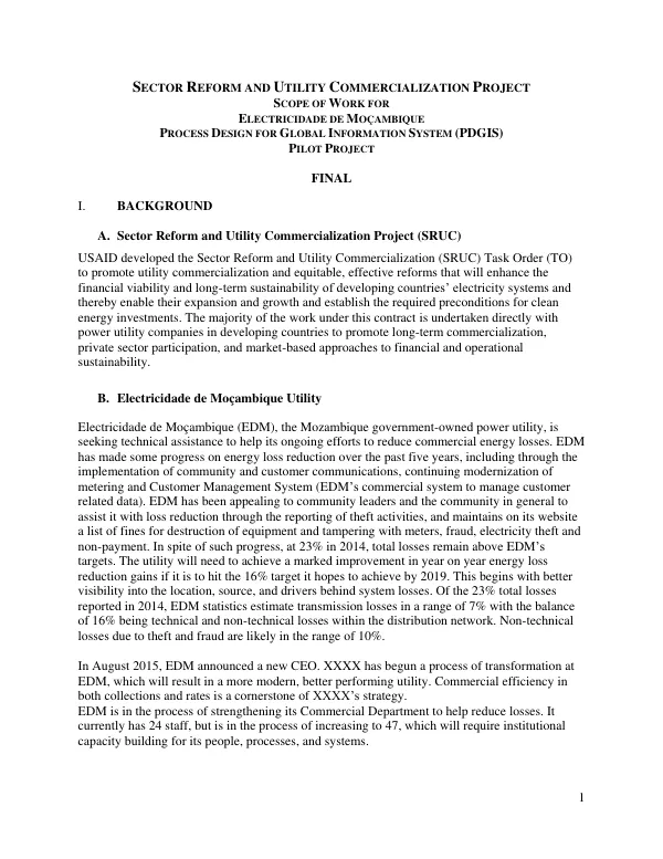 Sector Reform and Utility Commercialization Project: Scope of Work for Electricidade de Moçambique Process Design for Global Information System (PDGIS) Pilot Project