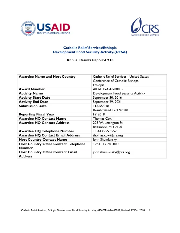 Annual Results Report-FY18: Catholic Relief Services/Ethiopia Development Food Security Activity-(DFSA)
