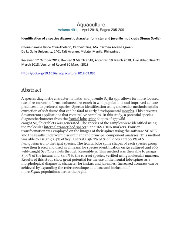 Identification of a species diagnostic character for instar and juvenile mud crabs (Genus Scylla)