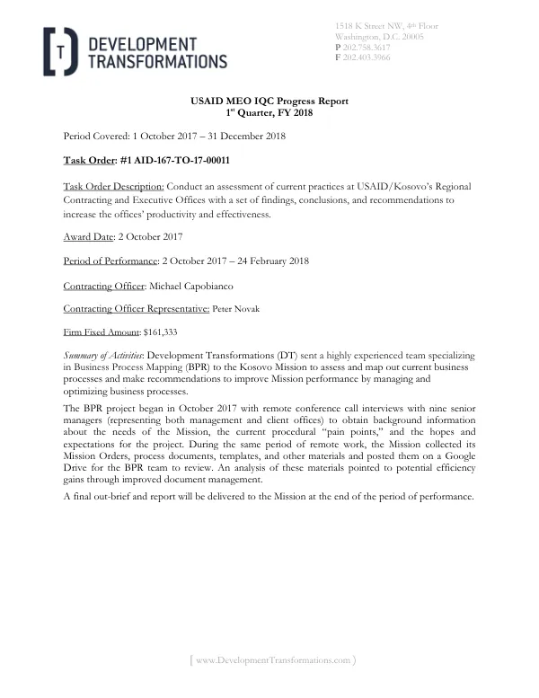 USAID MEO IQC Progress Report