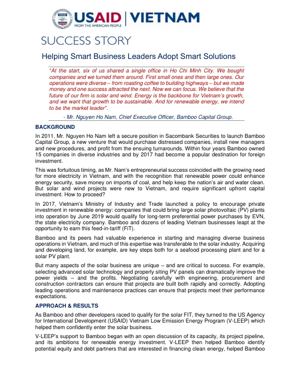 USAID Vietnam Low Emission Energy Program (V-LEEP) Support to Bamboo Capital Group