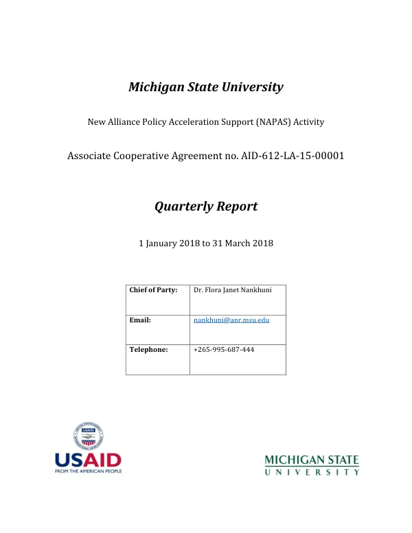 New Alliance Policy Acceleration Support: Malawi (NAPAS: Malawi) Activity Quarterly Report January 1, 2018 to March 31, 2018