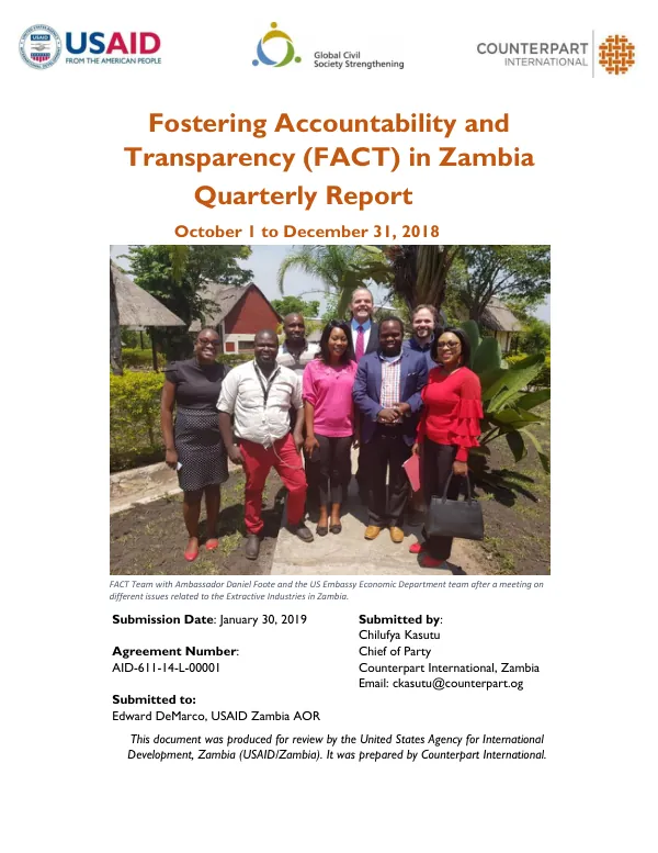 Fostering Accountability and Transparency (FACT) in Zambia Quarterly Report October 1 to December 31, 2018