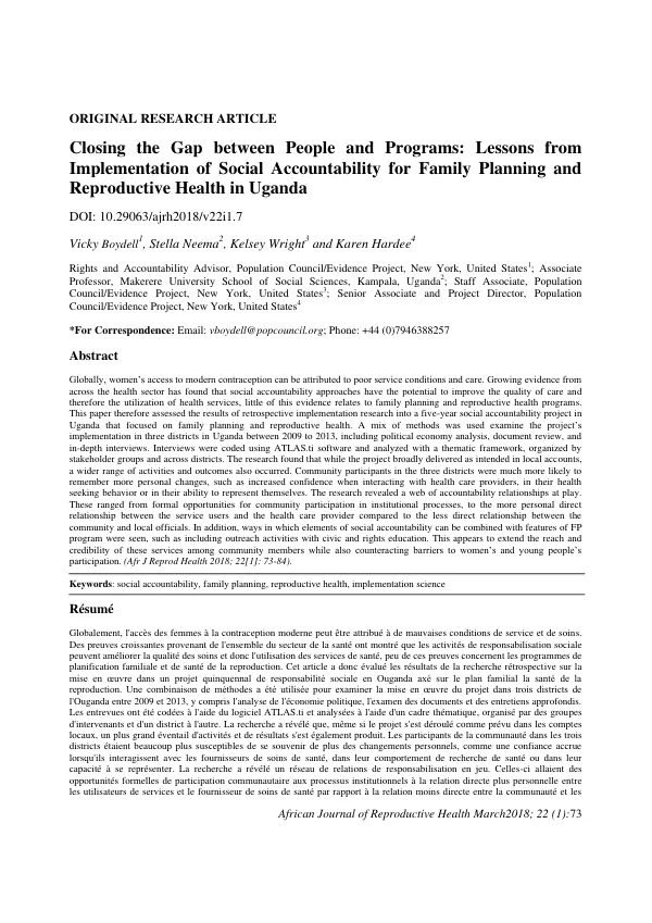 Closing the Gap between People and Programs: Lessons from Implementation of Social Accountability for Family Planning and Reproductive Health in Uganda