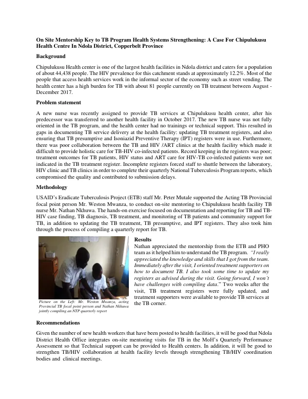 On Site Mentorship Key to TB Program Health Systems Strengthening: A Case For Chipulukusu Health Centre In Ndola District, Copperbelt Province