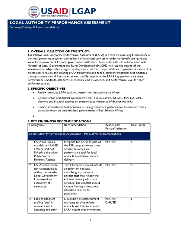 Malawi Local Authority Performance Assessment (LAPA) Implementation and Programmatic Issues