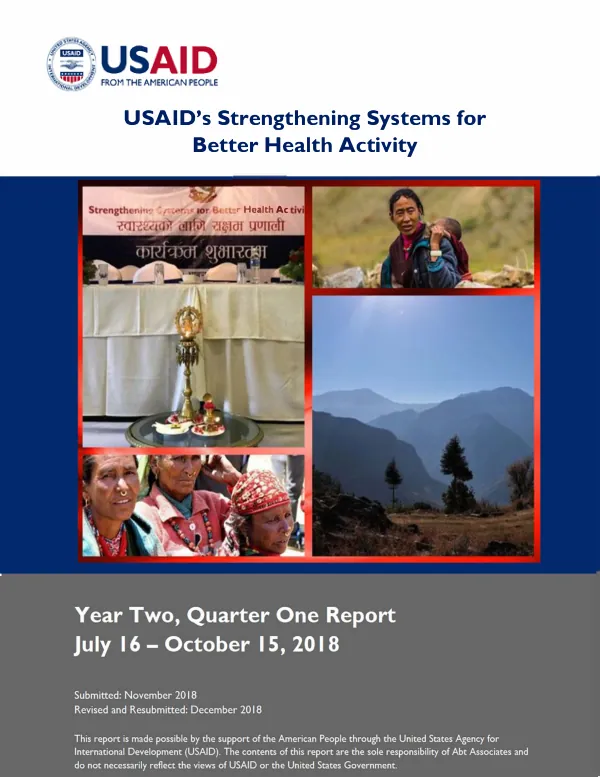 Strengthening Systems for Better Health Activity, Year Two, Quarter One Report, July 16 – October 15, 2018