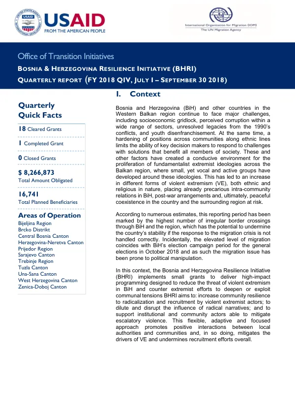 Bosnia and Herzegovina Resilience Initiative (BHRI) Quarterly Report (FY 2018 QIV, July 1 – September 30 2018)