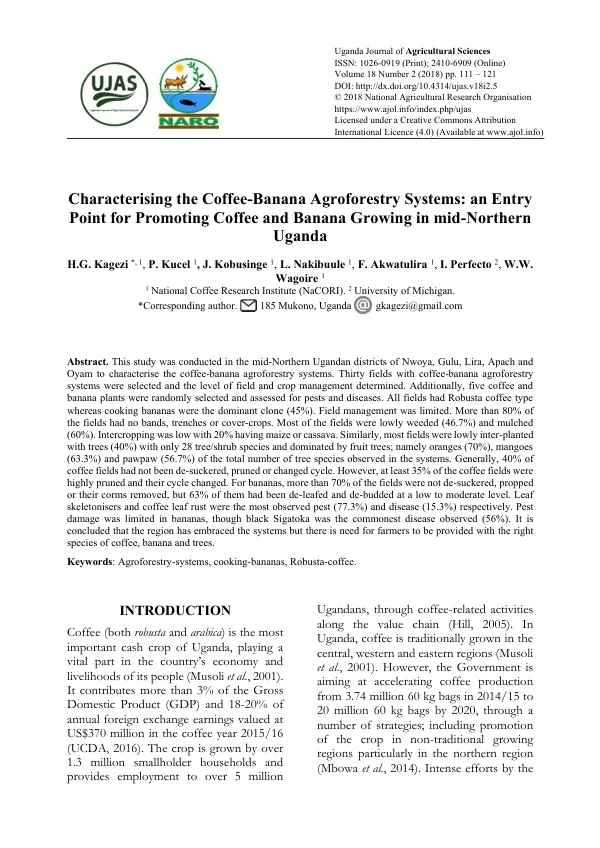Characterising the Coffee-Banana Agroforestry Systems: an Entry Point for Promoting Coffee and Banana Growing in mid-Northern Uganda