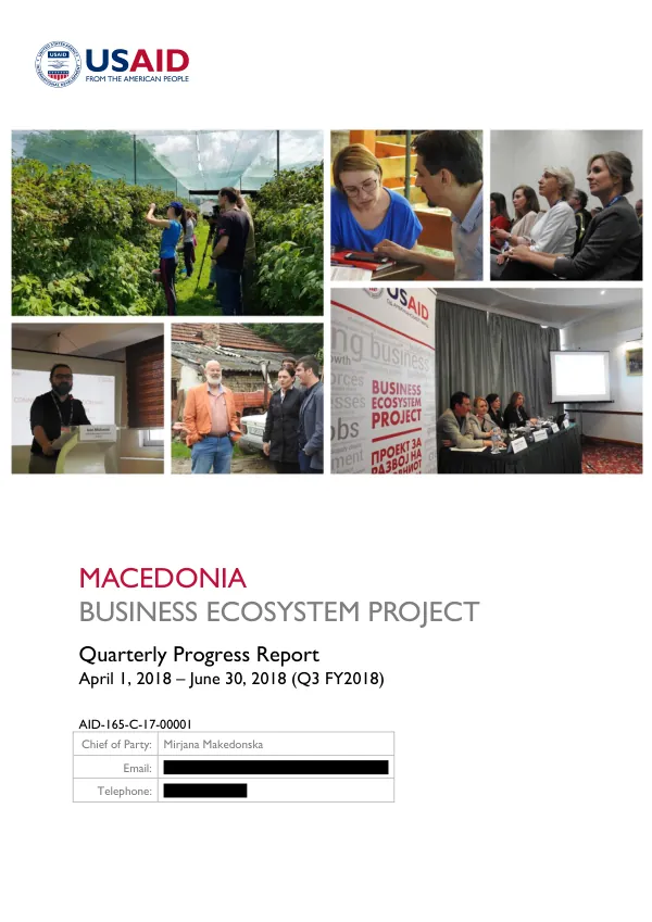 Macedonia Business Ecosystem Project Quarterly Progress Report (April 1, 2018 – June 30, 2018)