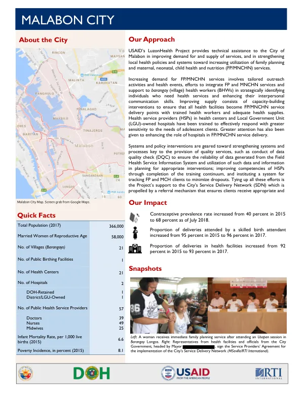 USAID’s LuzonHealth Project: Improving Demand for and Supply of Family Planning and Maternal, Neonatal, Child Health and Nutrition (FP/MNCHN) Services in Malabon City