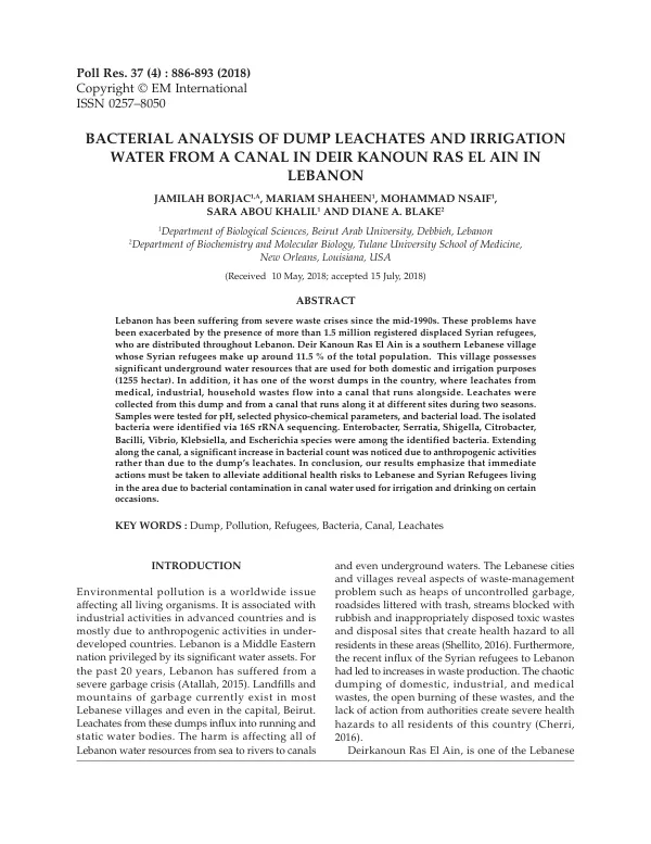 Bacterial Analysis of Dump Leachates and Irrigation Water from a Canal in Deir Kanoun Ras El Ain in Lebanon