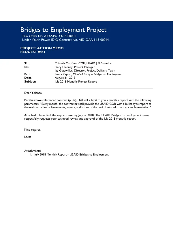 Bridges to Employment Project July 2018 Monthly Report