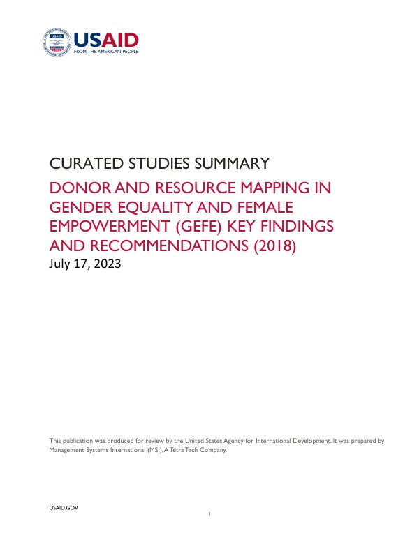Curated Studies: Donor and Resource Mapping in Gender Equality and Female Empowerment (GEFE) Key Findings and Recommendations 2018