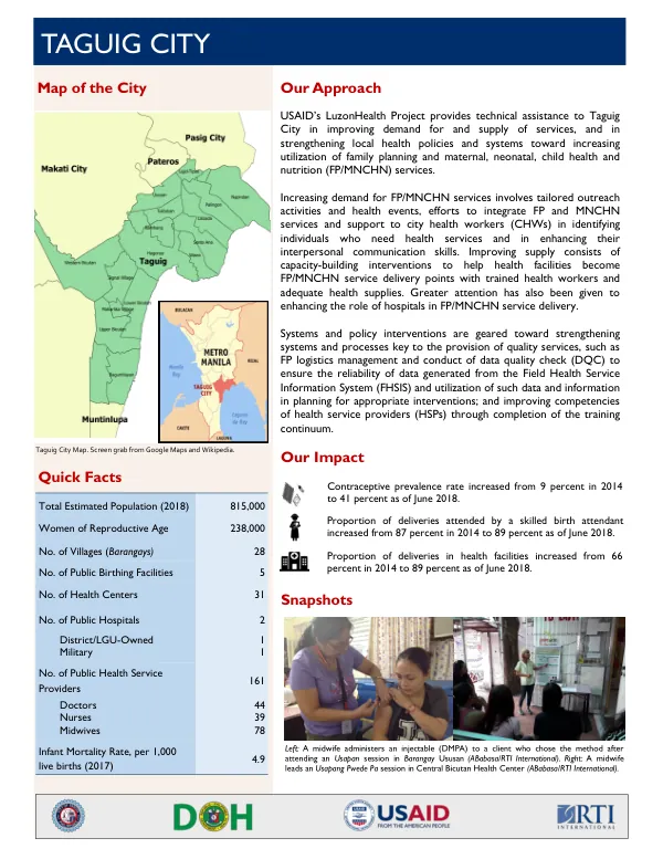 USAID LuzonHealth Project: Improving Demand for and Supply of Family Planning and Maternal, Neonatal, Child Health and Nutrition (FP/MNCHN) Services in Taguig City