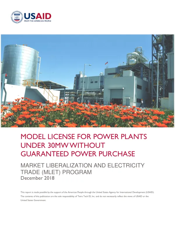 Model License for Power Plants Under 30 MW Without Power Purchase Guarantee