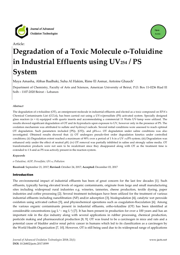 Degradation of a Toxic Molecule o-Toluidine in Industrial Effluents using UV254 / PS System