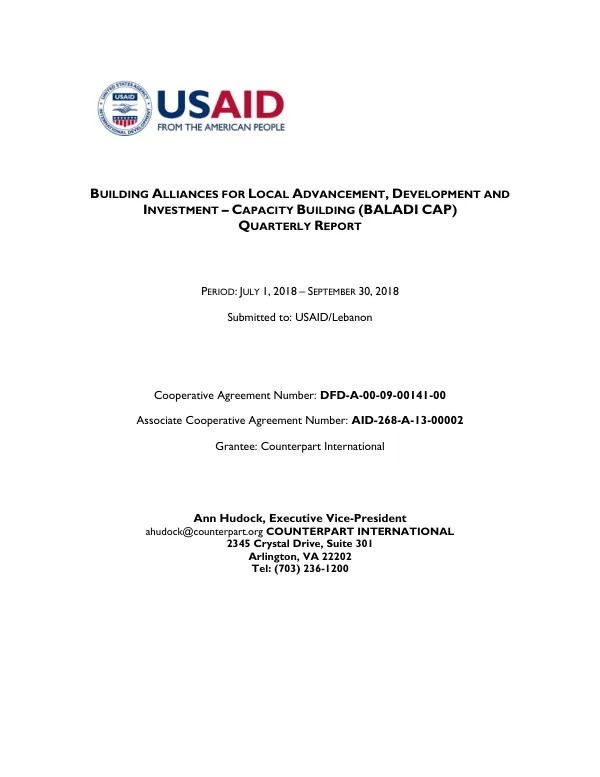 Building Alliances for Local Advancement, Development and Investment – Capacity Building (BALADI CAP) Quarterly Report