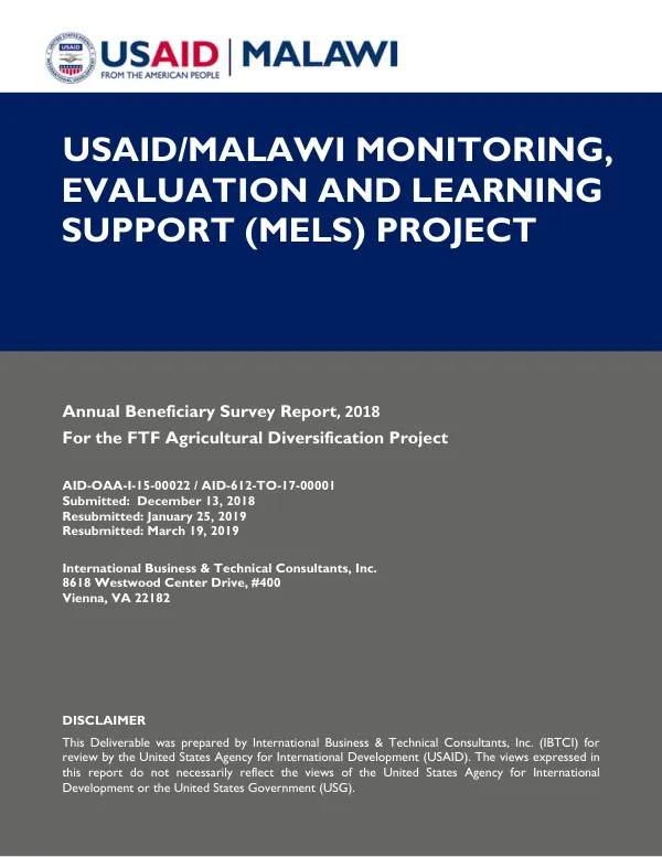 Annual Beneficiary Survey Report, 2018 for the FTF Agricultural Diversification Project in Malawi