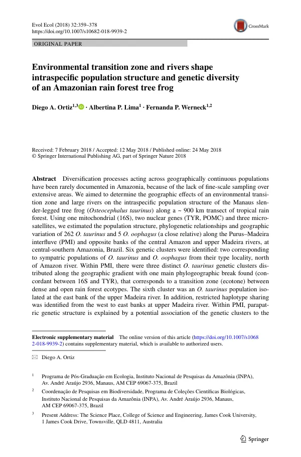 Environmental transition zone and rivers shape intraspecific population structure and genetic diversity of an Amazonian rain forest tree frog