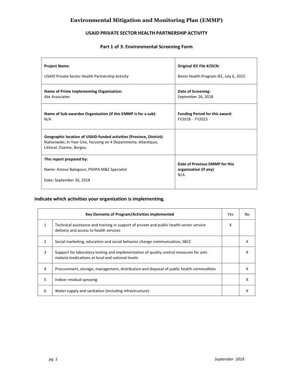 Environmental Mitigation and Monitoring Plan (EMMP) for USAID Private Sector Health Partnership Activity in Benin