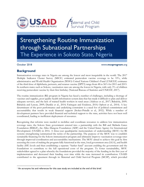 Strengthening Routine Immunization through Subnational Partnerships The Experience in Sokoto State, Nigeria