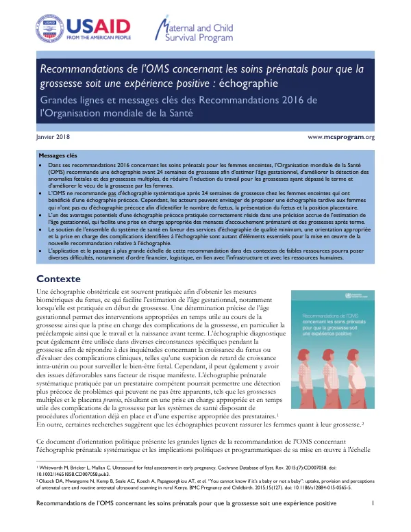 Recommandations de l’OMS concernant les soins prénatals pour que la grossesse soit une expérience positive : échographie