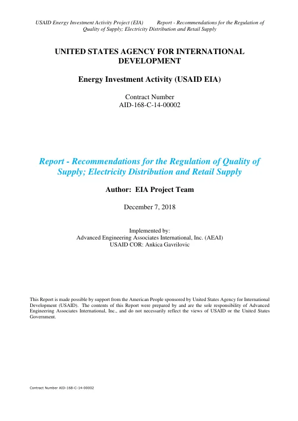Final Report: Recommendations for the Regulation of Quality of Supply; Electricity Distribution and Retail Supply