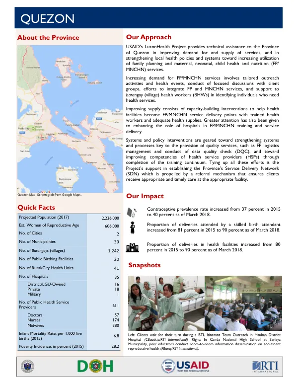 USAID’s LuzonHealth Project: Improving Demand for and Supply of Family Planning and Maternal, Neonatal, Child Health and Nutrition (FP/MNCHN) Services in the Province of Quezon