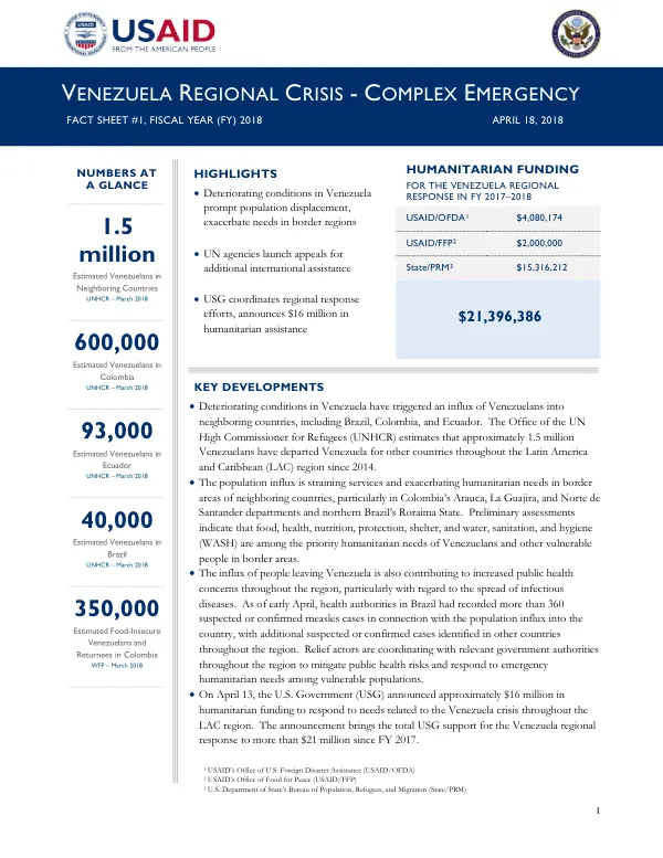 Venezuela Regional Crisis - Complex Emergency Fact Sheet #1, FY 2018