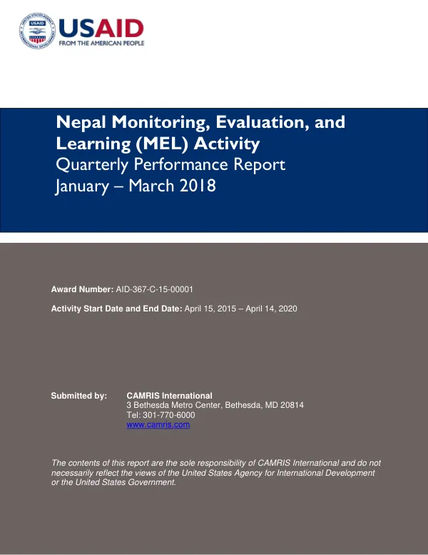 USAID/Nepal MEL Quarterly Performance Report January – March 2018