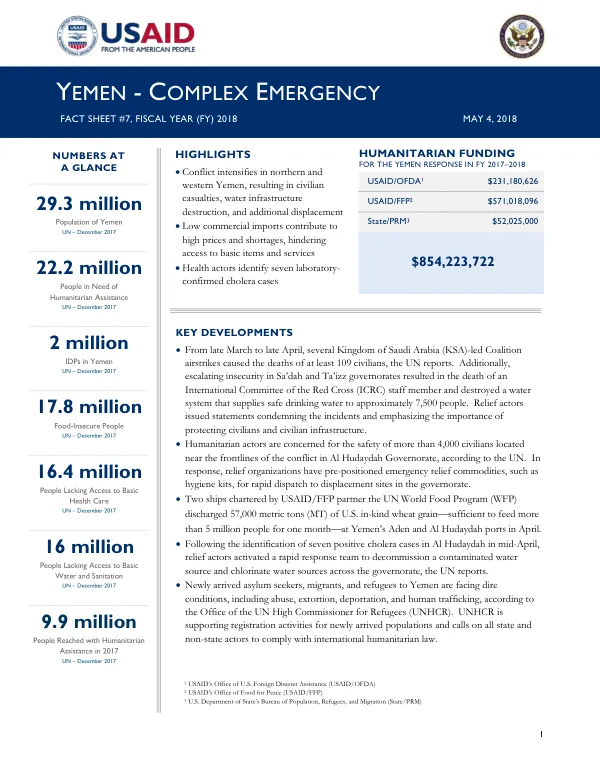 Yemen - Complex Emergency Fact Sheet #7, Fiscal Year (FY) 2018