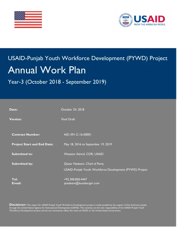 Annual Work Plan for USAID-Punjab Youth Workforce Development (PYWD) Project, Year-3 (October 2018 - September 2019)
