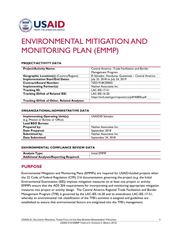 Environmental Mitigation and Monitoring Plan (EMMP) for Central America Regional Trade Facilitation and Border Management Program