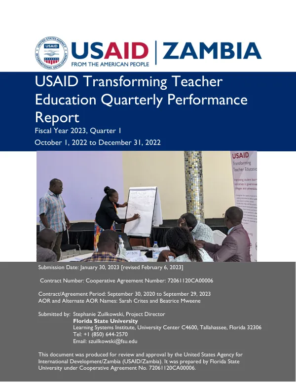 Quarterly Performance Report: USAID Transforming Teacher Education