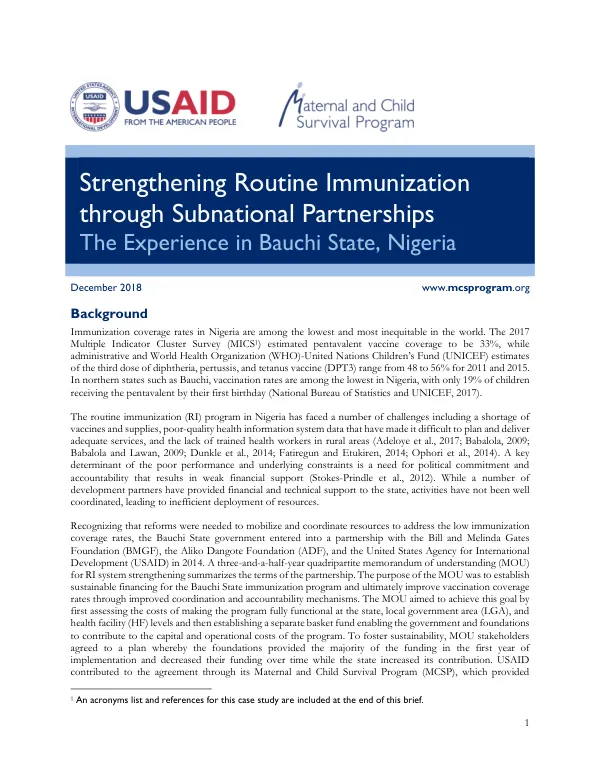 Strengthening Routine Immunization through Subnational Partnerships The Experience in Bauchi State, Nigeria