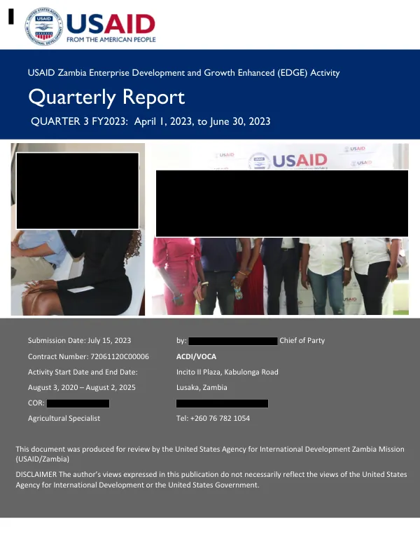USAID Zambia Enterprise Development and Growth Enhanced (EDGE) Activity Quarterly Report