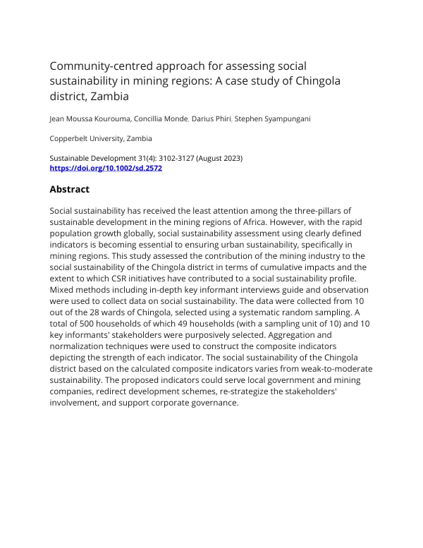 Community-centred approach for assessing social sustainability in mining regions: A case study of Chingola district, Zambia