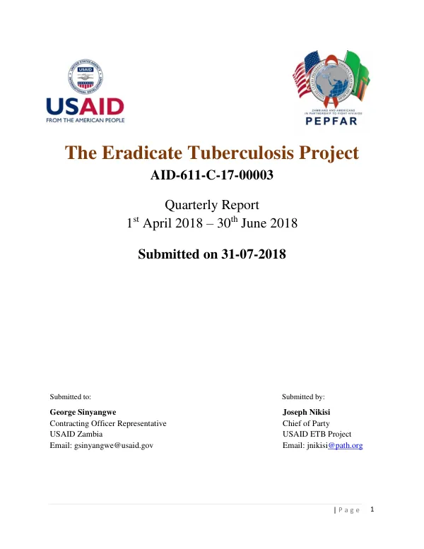The Eradicate Tuberculosis Project Quarterly Report 1st April 2018 – 30th June 2018