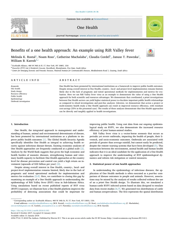 Benefits of a one health approach: An example using Rift Valley fever