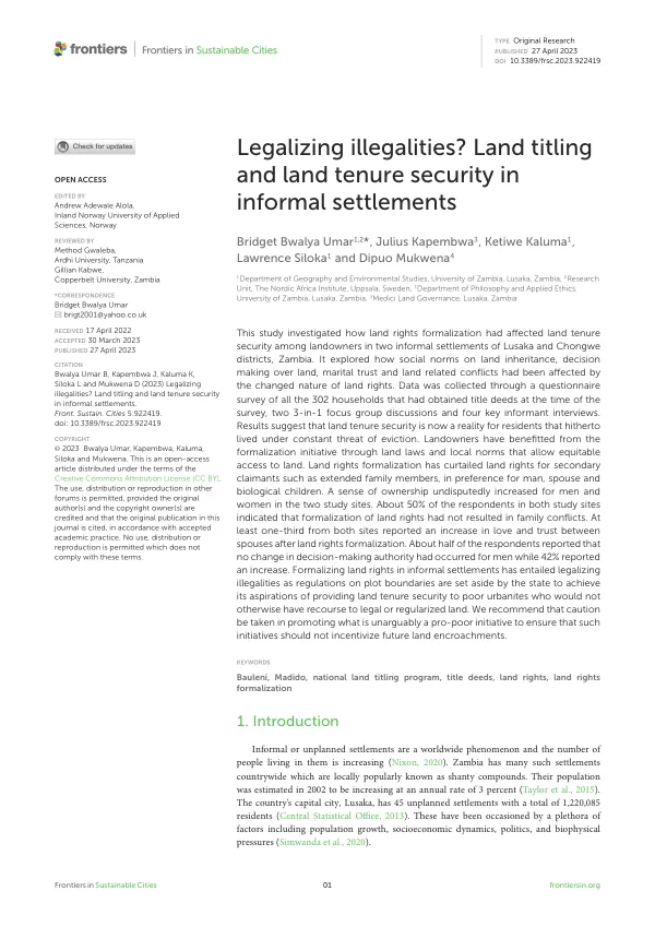 Legalizing illegalities? Land titling and land tenure security in informal settlements