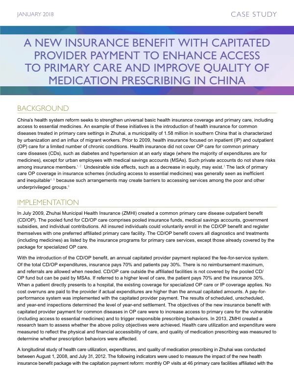 A new insurance benefit with capitated provider payment to enhance access to primary care and improve quality of medication prescribing in China