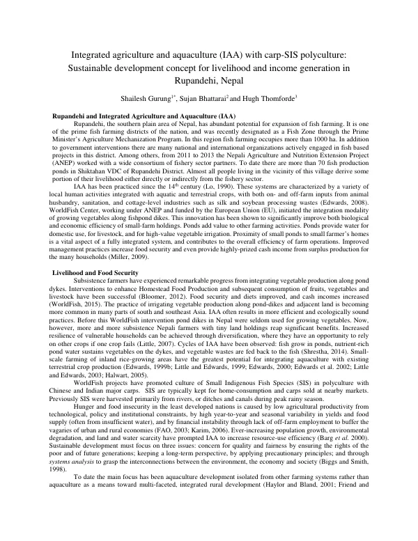 Integrated agriculture and aquaculture (IAA) with carp-SIS polyculture: Sustainable development concept for livelihood and income generation in Rupandehi, Nepal