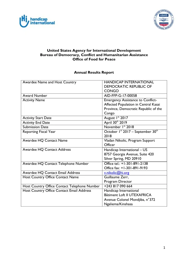 Annual Results Report: Emergency Assistance to Conflict-Affected Population in Central Kasai Province, Democratic Republic of the Congo