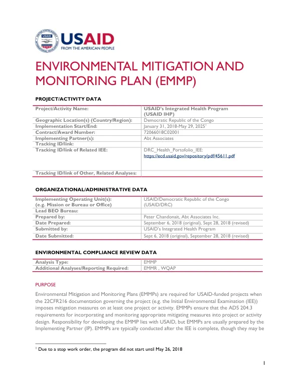 Environmental Mitigation and Monitoring Plan (EMMP) for USAID’s Integrated Health Program (USAID IHP) in the Democratic Republic of the Congo