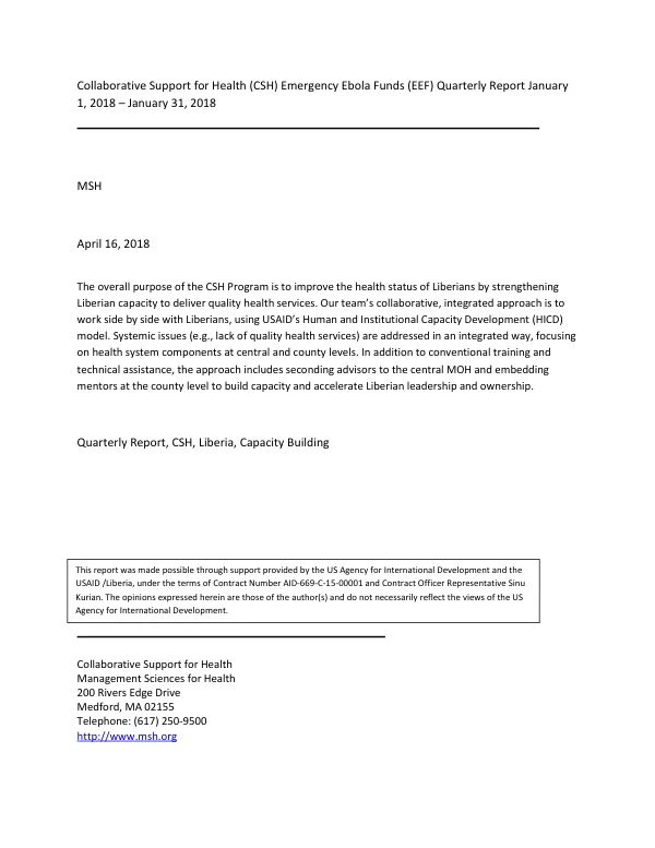 Collaborative Support for Health (CSH) Emergency Ebola Funds (EEF) Quarterly Report January 1, 2018 – January 31, 2018