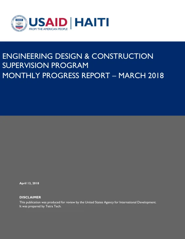 Monthly Progress Report – March 2018: Engineering Design & Construction Supervision Program