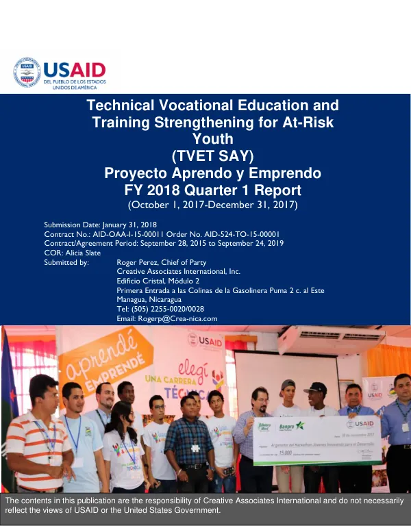 Technical Vocational Education and Training Strengthening for At-Risk Youth (TVET SAY) Proyecto Aprendo y Emprendo FY 2018 Quarter 1 Report